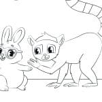 A line drawing of a cartoon rabbit wearing glasses and a ring-tailed lemur touching the rabbit's arm.