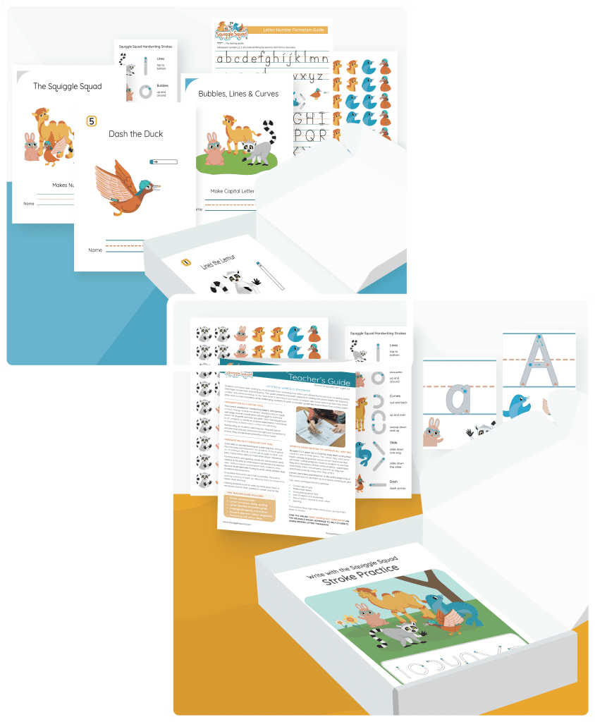 Two open boxes display educational materials, including illustrated worksheets, a teacher's guide, and an activity booklet, all featuring handwriting and animal themes.