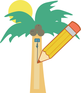 A large yellow pencil draws a downward arrow on a coconut tree with three coconuts, a sun, and palm leaves in the background.